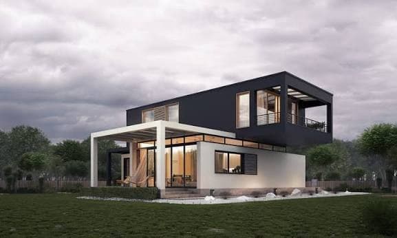 A modern two-storey house with glass walls and a covered terrace