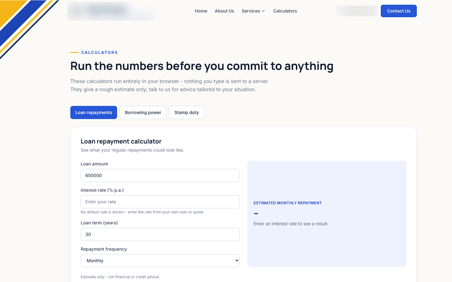 The broker's self-serve calculators page, identifying details blurred
