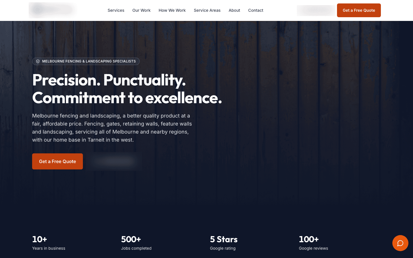 The trades business's website with the enquiry agent, identifying details blurred